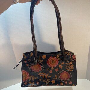 Tooled Leather‎ Tobacco Handbag Purse Shoulder Bag Floral Flowers Zipper Closure
